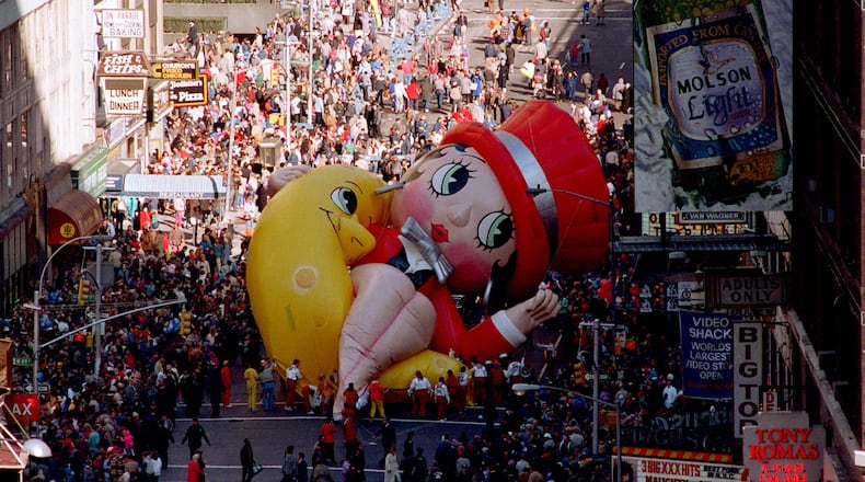 FILE - Betty Boop collapses on Broadway near 49th Street as handlers work to raise the deflated helium balloon during the Macy's Thanksgiving Day Parade in New York. (AP Photo/Ron Frehm, File)