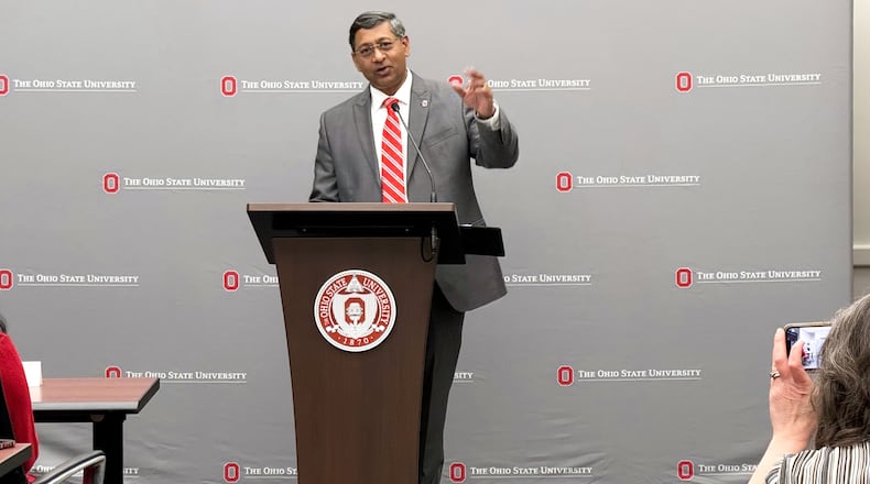 New Ohio State University President Ravi Bellamkonda speaks at the university on Thursday, March 12, 2026, in Columbus, Ohio. (AP Photo/Patrick Aftoora-Orsagos)