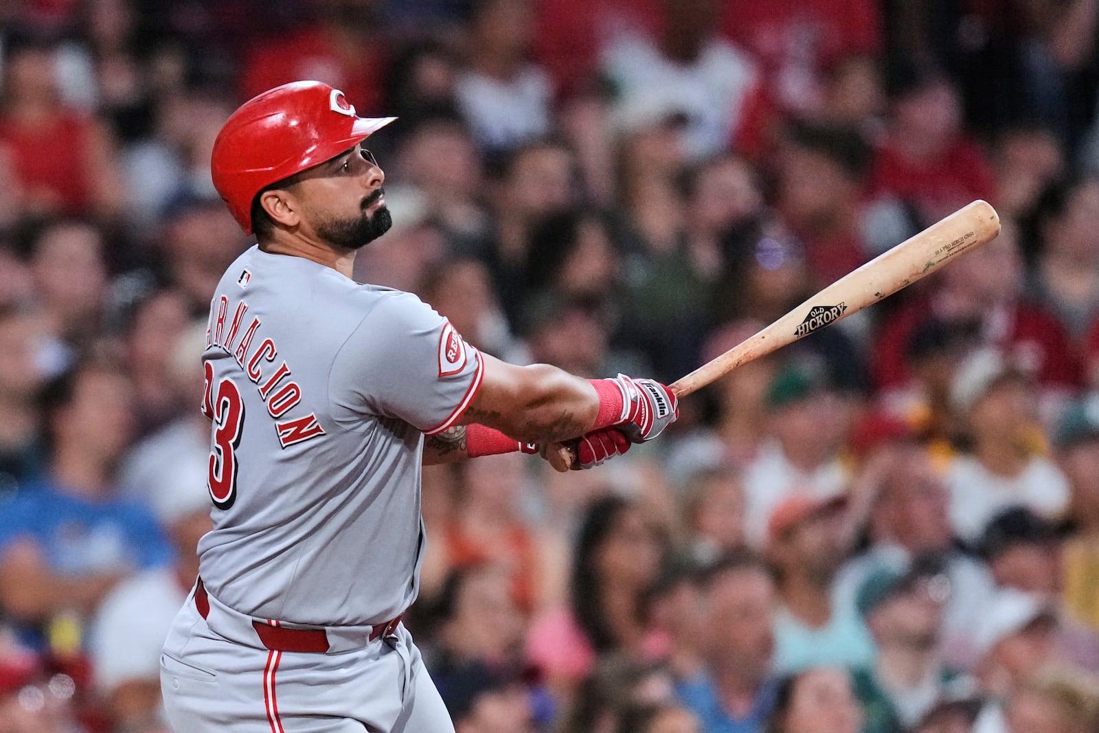 Cincinnati Reds' Christian Encarnacion-Strand watches the flight of his grand slam drive against the Boston Red Sox during the seventh inning of a baseball game at Fenway Park, Wednesday, July 2, 2025, in Boston. (AP Photo/Charles Krupa)
