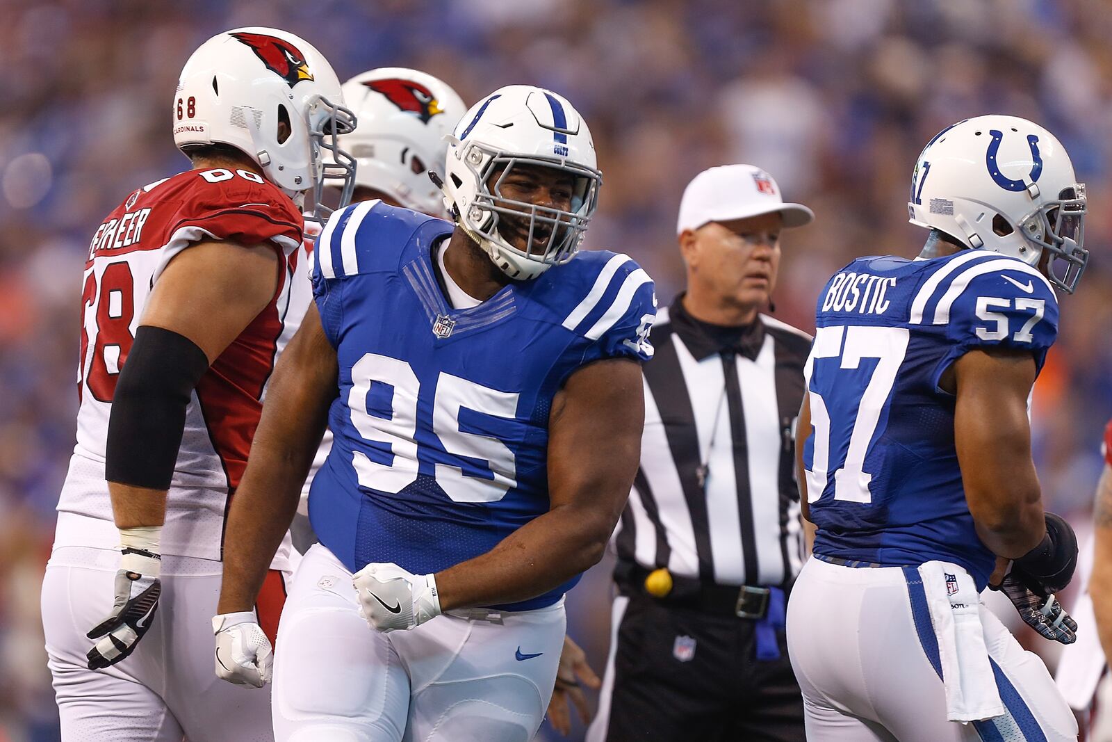 INDIANAPOLIS, IN - SEPTEMBER 17:  Johnathan Hankins #95 of the Indianapolis Colts celebrates after a tackle against the Arizona Cardinals during the first half at Lucas Oil Stadium on September 17, 2017 in Indianapolis, Indiana.  (Photo by Michael Reaves/Getty Images)