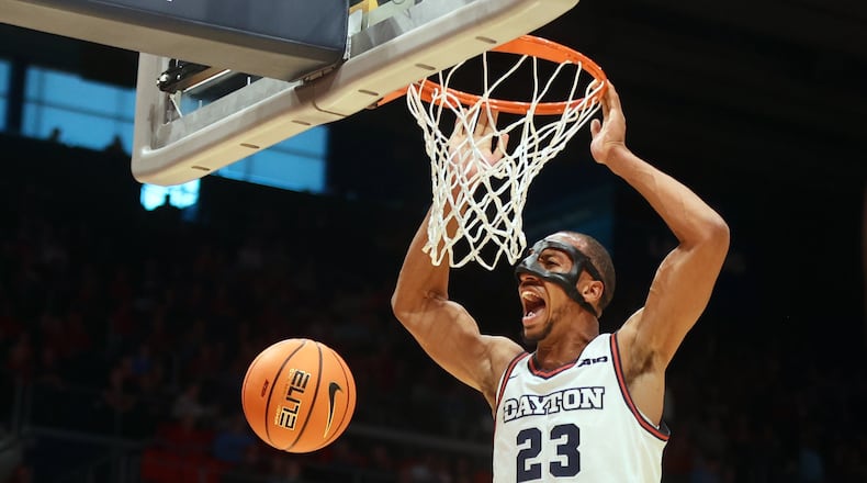Dayton's Zed Key dunks against Ashland in an exhibition game on Saturday, Oct. 26, 2024, at UD Arena. David Jablonski/Staff