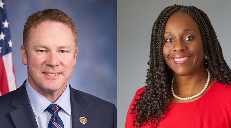 The candidates for Ohio's 8th Congressional seat in the November 2022 election are Warren Davidson (left) and Vanessa Enoch (right).