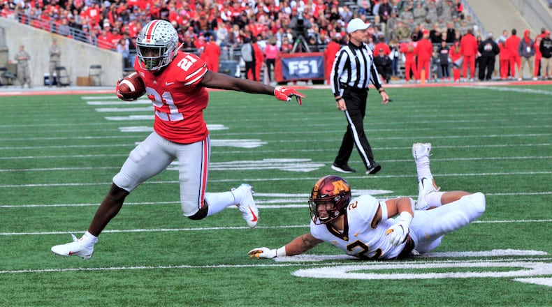 Ohio State’s Parris Campbell runs after a catch against Minnesota on Saturday, Oct. 13, 2018, at Ohio Stadium in Columbus. David Jablonski/Staff