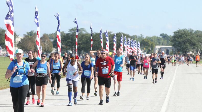 Runners near the finish in Air Force Marathon on Saturday, Sept. 15, 2018, at Wright-Patterson Air Force Base. David Jablonski/Staff