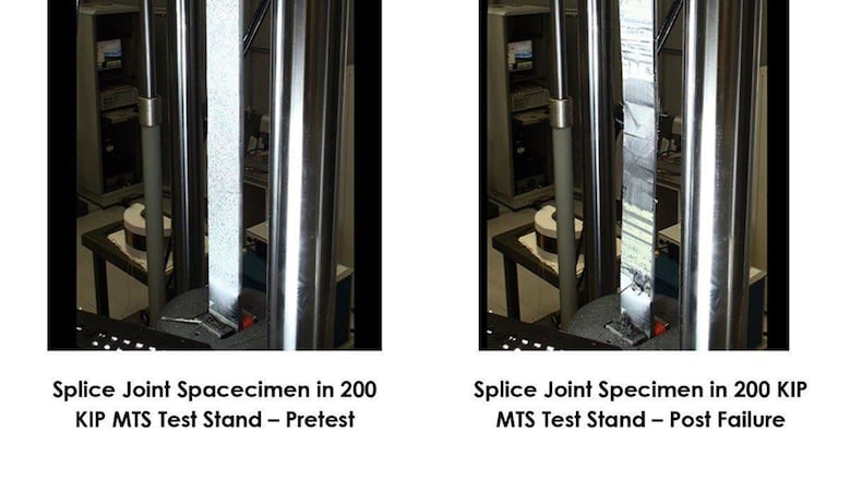 A Northrop Grumman splice joint specimen is shown before (left) and after (right) undergoing testing in the 200 MTS Test Stand at the Facility for Innovative Research in Structures Technology in the Air Force Research Laboratory Aerospace Systems Directorate. The testing was conducted under a cooperative research and development agreement between the directorate and Northrop Grumman. (Courtesy photo/AFRL)