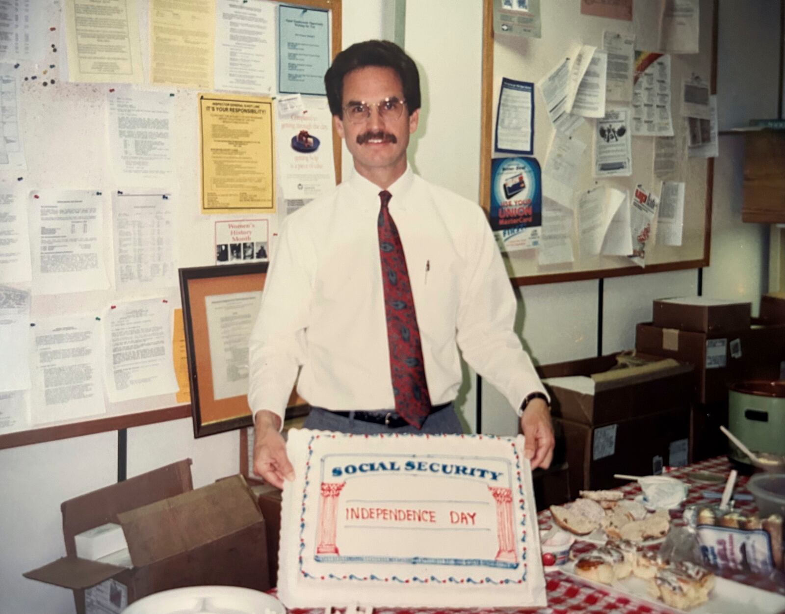 This photo provided by Dennis Purifoy on Wednesday, April 9, 2025, shows Purifoy in 1995 at the Social Security office where he worked in the Alfred P. Murrah Federal Building in Oklahoma City. (Dennis Purifoy via AP)