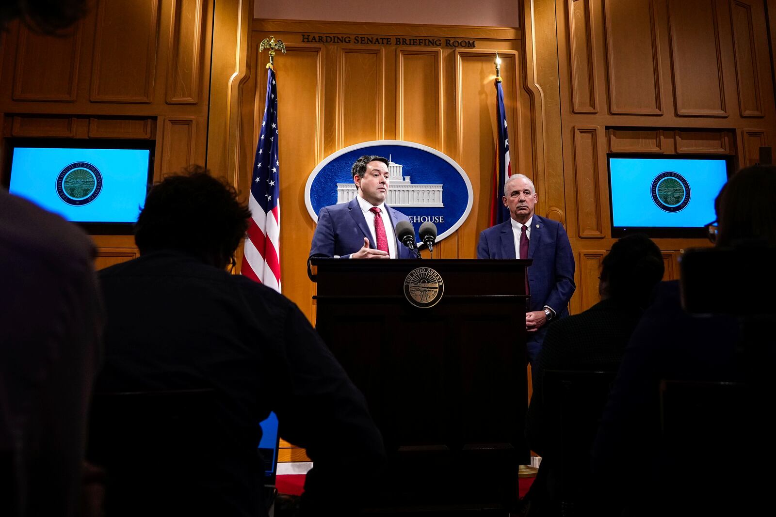 Senate President Rob McColley, left, and Speaker of the House Matt Huffman speak to the media after the State of the State address by Ohio Gov. Mike DeWine in the Ohio House chambers at the Ohio Statehouse on Wednesday, March 12, 2025, in Columbus, Ohio. (Samantha Madar/The Columbus Dispatch via AP, Pool)
