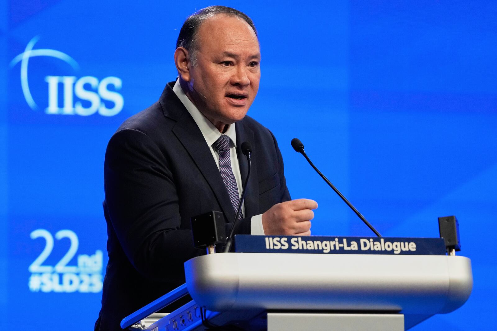 Gilberto Teodoro Jr, Secretary of National Defense of the Philippines, delivers his speech during the 22nd Shangri-La Dialogue summit in Singapore, Sunday, June 1, 2025. (AP Photo/Anupam Nath)