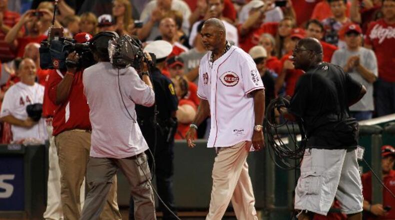 Dave Parker is introduced during a ceremony honoring members of the Reds Hall of Fame after the Reds played the Marlins on Friday, Aug. 8, 2014, at Great American Ball Park.