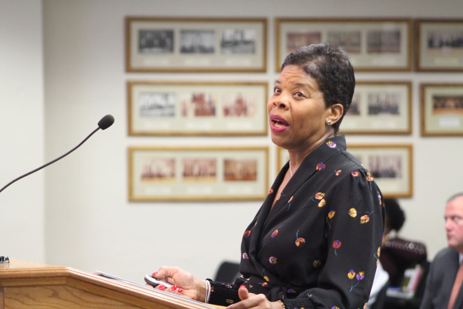 Vanessa Ward, president of Omega CDC, at a recent Dayton City Commission meeting. CORNELIUS FROLIK / STAFF