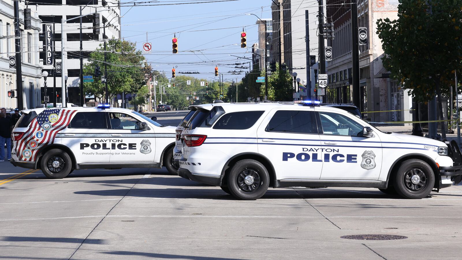 Police responded to South Jefferson Street for a shooting reported near East Fourth Street and the downtown Dayton RTA hub on Friday, Sept. 26, 2025. BRYANT BILLING / STAFF