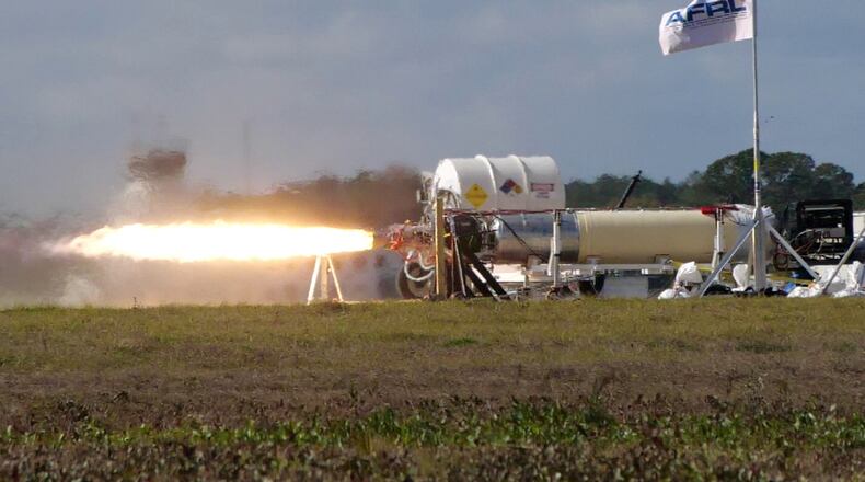 A recent X-60A hot fire test is conducted at Cecil Spaceport in Jacksonville, Fla. The X-60A, developed through an Air Force Research Laboratory Small Business Innovation Research contract, is an air-launched rocket designed for hypersonic flight research. (U.S. Air Force photo)