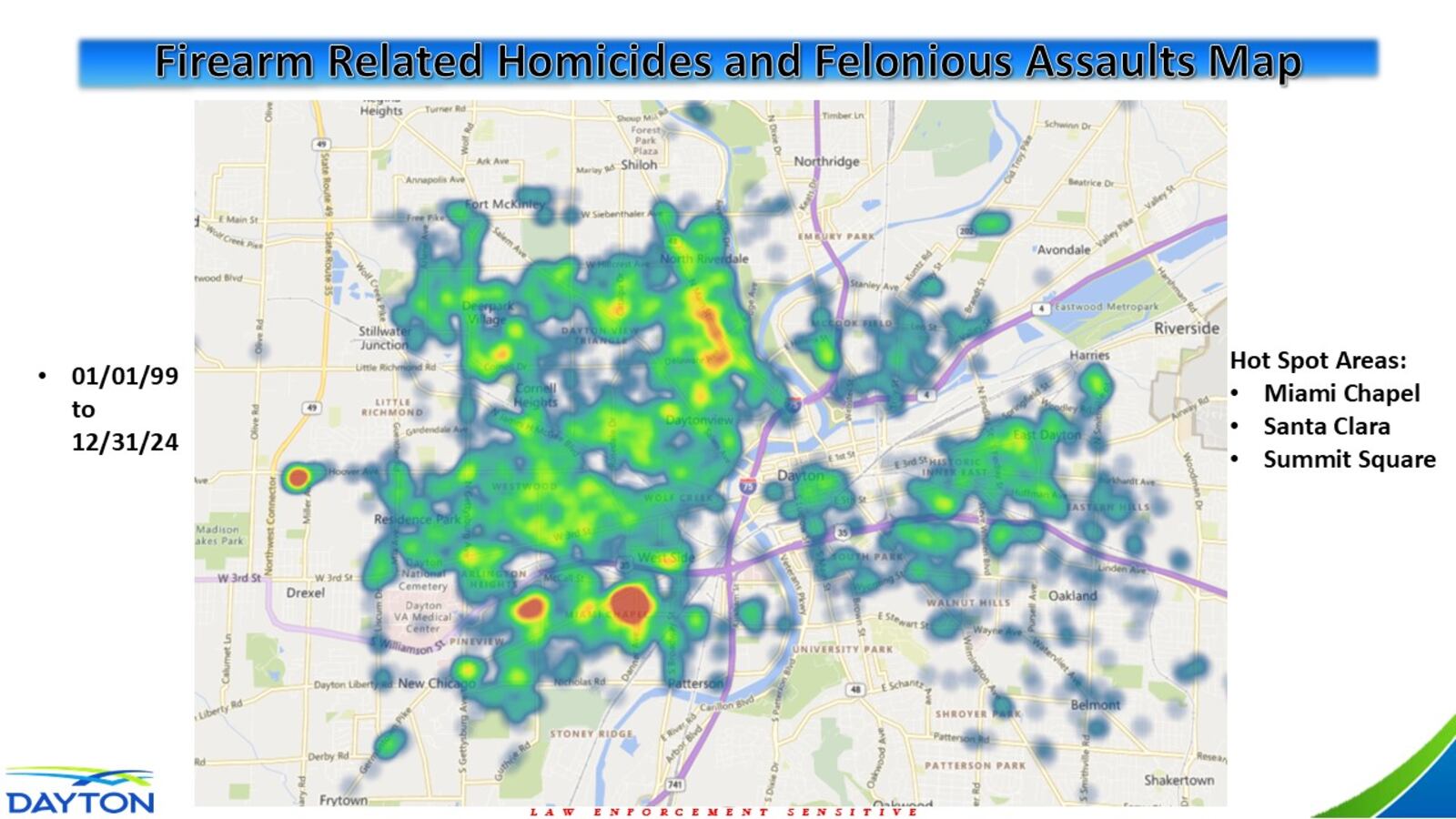 The Dayton Police Department mapped out firearm homicides and felonious assaults using crime data from Jan. 1, 1999, to Dec. 31, 2024. Police created this map of hot spots, which includes the Miami Chapel, Santa Clara and Summit Square areas. CONTRIBUTED