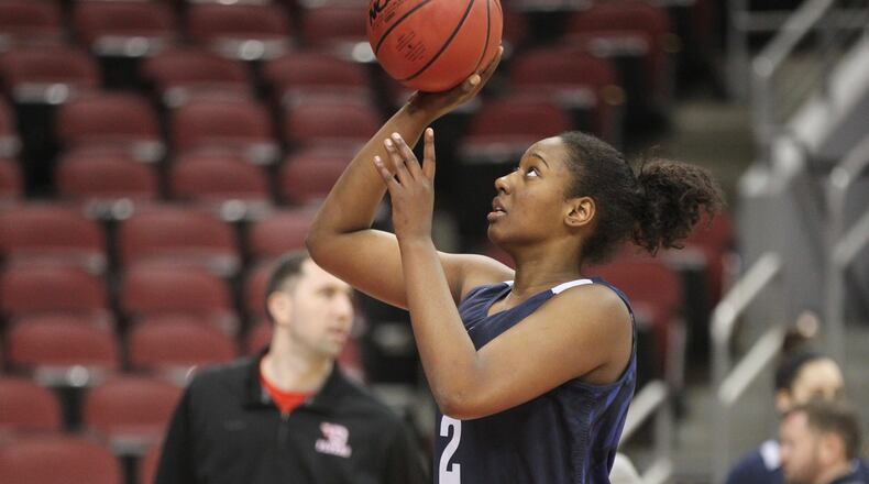 Dayton’s Jordan Wilmoth practices on Thursday, March 15, 2018, at the KFC Yum! Center in Louisville, Ky. David Jablonski/Staff