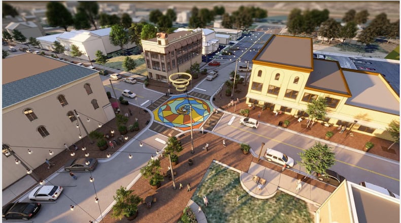 This is an artist's rendition of how the intersection of Fourth and Main streets in downtown Franklin could look after the $13.4 million Main Street streetscaping project is completed. Work is scheduled to begin Monday, Nov. 13, 2023 with a targeted completion date of Nov. 22, 2024. CONTRIBUTED/CITY OF FRANKLIN
