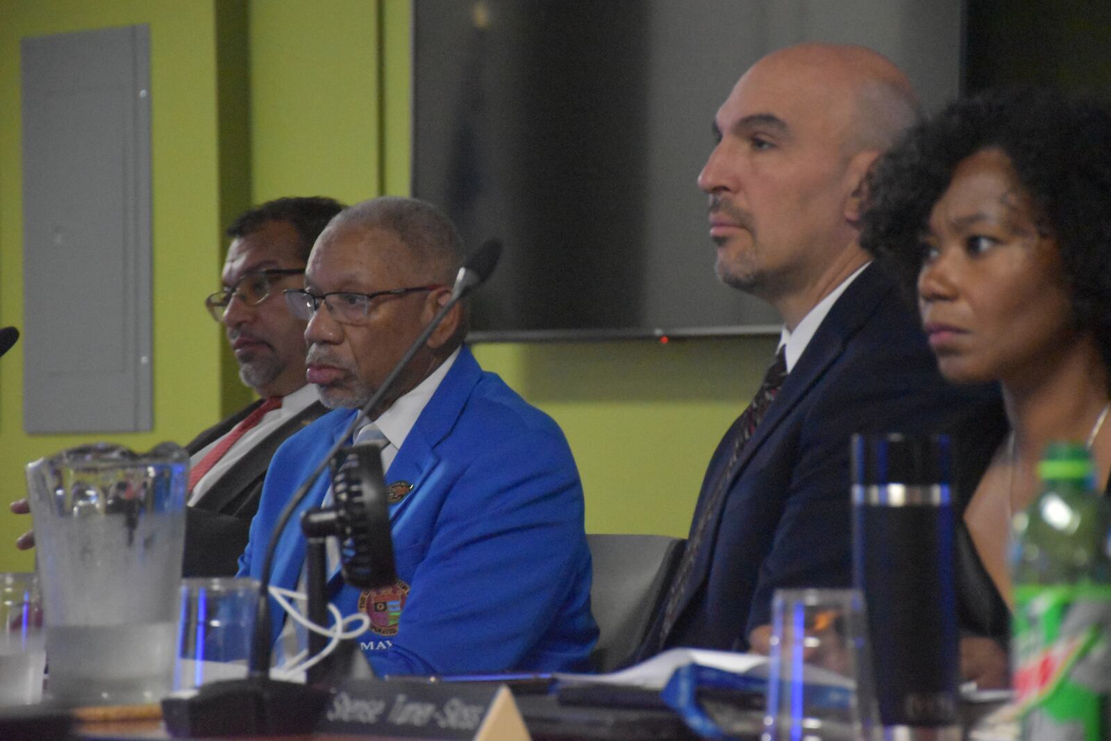 Dayton City Commissioners Shenise Turner Sloss, Matt Joseph, Chris Shaw and Mayor Jeffrey Mims Jr. at a work session about violent crime and gun crime .CORNELIUS FROLIK / STAFF
