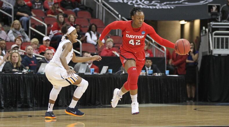 Dayton’s Jayla Scaife dribbles against Marquette on Friday, March 16, 2018, at the KFC Yum! Center in Louisville, Ky. David Jablonski/Staff