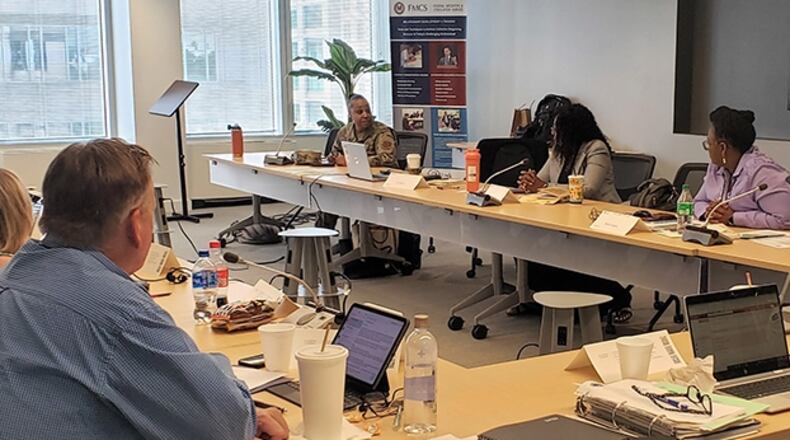 Chief Master Sgt. Tomeka Parker, Equal Opportunity career field manager, discusses how the Advanced Mediation course helps fulfill the training requirement for enlisted personnel in the Equal Opportunity career field during the Advanced Mediation training class held in Washington, D.C., Aug. 31. The Department of the Air Force partnered with the Federal Mediation and Conciliation Service, a federal agency with a conflict management mission, to bring about this training. COURTESY PHOTO/KIMBERLY MLINAZ