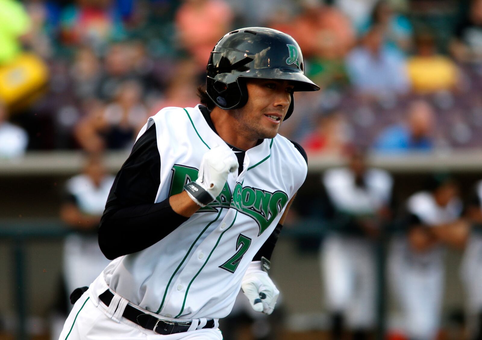 The Dayton Dragons took on the South Bend Silver Hawks Friday night at Fifth Third Field. Dragon's shortstop Alex Blandino heads toward first base during the first inning. LISA POWELL / STAFF