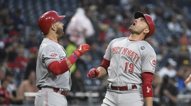 SAN DIEGO, CA - APRIL 18: Joey Votto #19 of the Cincinnati Reds celebrates with Eugenio Suarez #7 after hitting a solo home run during the first inning of a baseball game against the San Diego Padres at Petco Park April 18, 2019 in San Diego, California.  (Photo by Denis Poroy/Getty Images)
