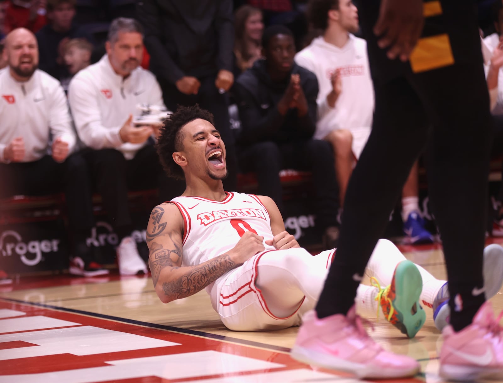 Dayton's Javon Bennett reacts after makng a shot against Bethune-Cookman on Saturday, Nov. 15, 2025, at UD Arena. David Jablonski/Staff