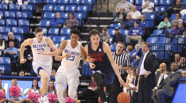Dayton's Ryan Mikesell dribbles against Saint Louis on Feb. 14, 2017.