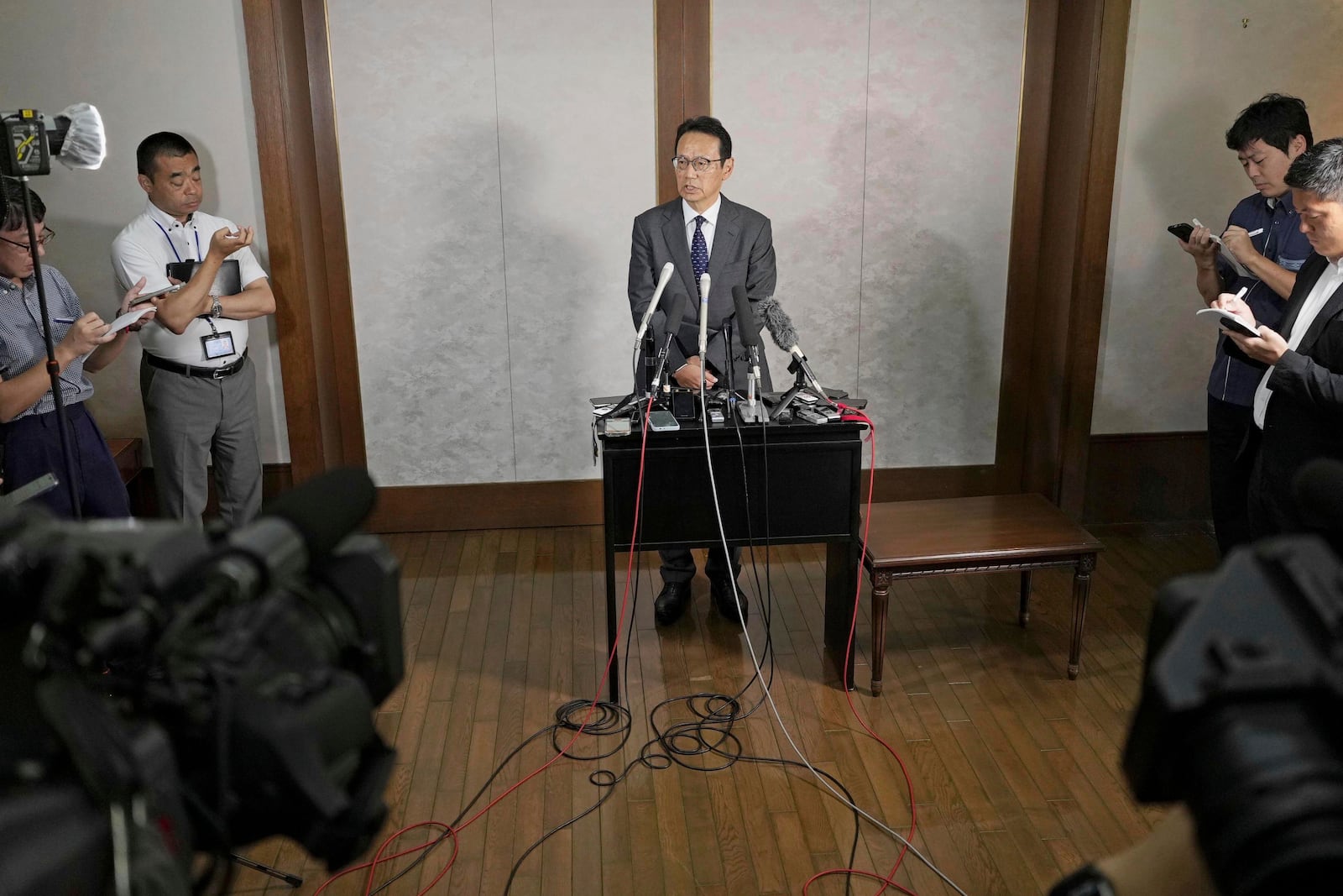 Japanese ambassador to China Kenji Kanasugi speaks during a news conference in Beijing, Wednesday, July 16, 2025. (Ken Ishii/Kyodo News via AP)