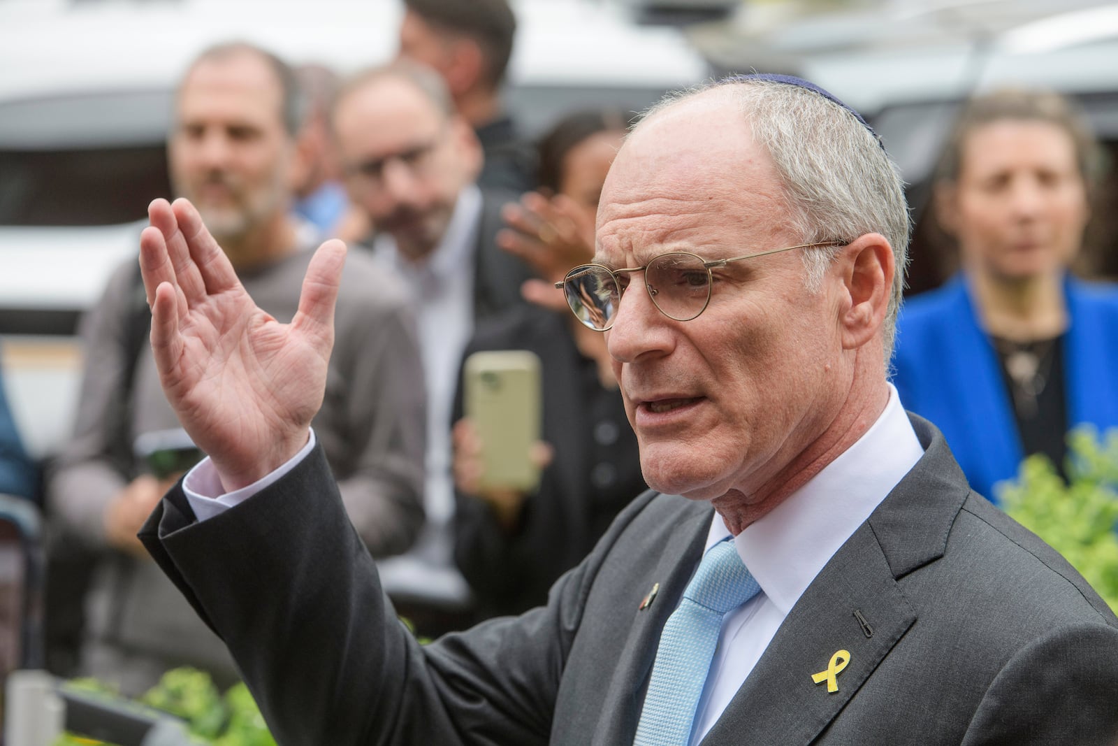 Israeli Ambassador to the U.S. Yechiel Leiter talks with reporters Thursday, May 22, 2025, after two staff members of the Israeli Embassy in Washington were killed outside the Capital Jewish Museum, Thursday, Wednesday night in Washington.(AP Photo/Rod Lamkey, Jr.)