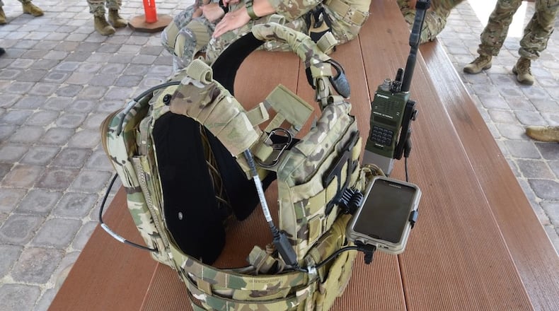 The special warfare assault kit and communications system is designed to attach to the body armor worn by service members as shown at Wheeler Army Airfield, Hawaii, August 4, 2020. Airmen from the 25th Air Support Operation Squadron spent multiple days in different training scenarios to learn how to operate the system. (U.S. Air Force photo by 2nd Lt. Benjamin Aronson)