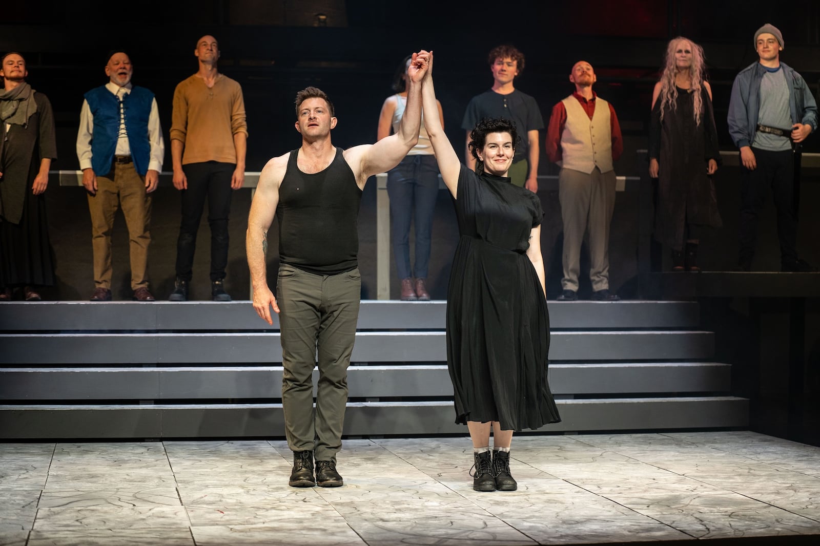 Andrew Mitakides (Macbeth), Bess Kaye (Lady Macbeth) and the cast of Gem City Groundlings production of "Macbeth" at curtain call. Photo by Matt Silver