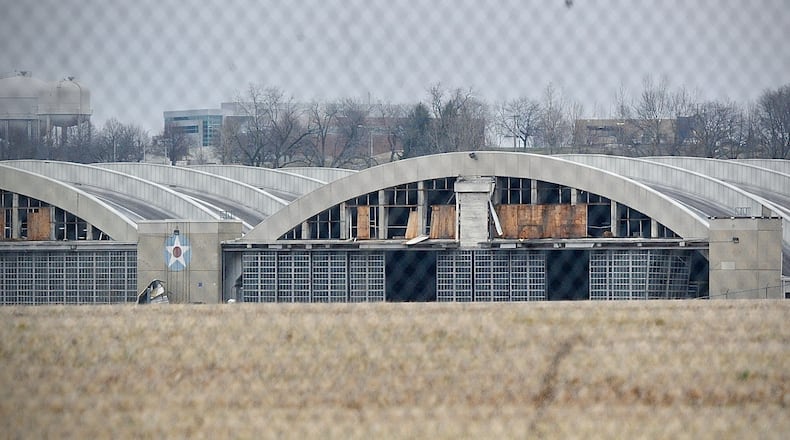 Storm damage Wednesday morning, Feb. 28, 2024 to hangars where aircraft are restored for Air Force Museum. MARSHALL GORBY\STAFF