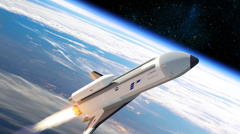 Boeing’s reusable space plane, depicted as a rendering, is under development through a public-private partnership with the Defense Advanced Research Projects Agency. (Boeing Co.)