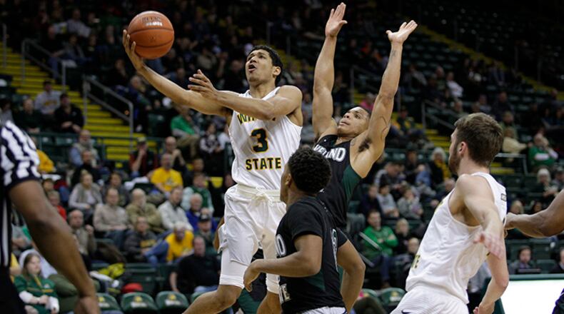 Wright State’s Mark Hughes drives to the basket during a 55-51 victory against Cleveland State on Jan. 5, 2017. TIM ZECHAR/CONTRIBUTED PHOTO