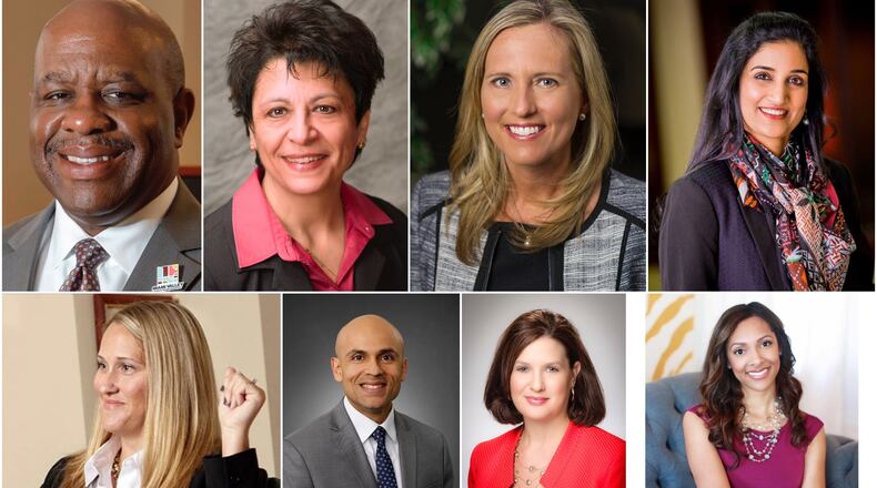 Eight members of the 2020/2021 Dayton Daily News Community Advisory Board (left to right) Brian O. Martin, Cassie Barlow, Kathy Harper, Dr. Jhansi Koduri, Erin Rhinehart, Luis Chanaga, Jenny Michael and Samantha Elder.