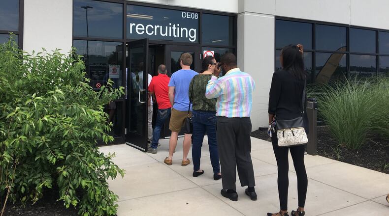 Job seekers stood in line to apply for open positions at the Amazon distribution center in Etna, Ohio. Etna is about 20 minutes west of Columbus, Ohio. KARA DRISCOLL/STAFF
