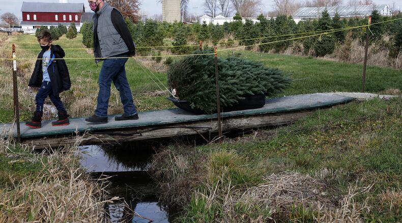 A family pulls the Christmas tree they just cut across a bridge at Carl & Dorothy Young's Christmas Tree Farm last year. BILL LACKEY/STAFF
