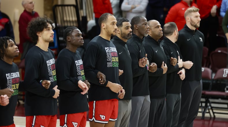 Dayton stands for the national anthem before a game against Fordham on Wednesday, Feb. 12, 2025, at Rose Hill Gym in Bronx, N.Y. David Jablonski/Staff