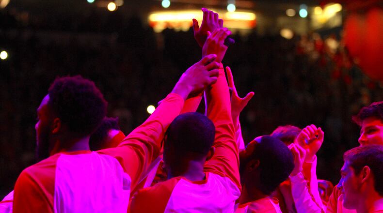Dayton huddles before a game against Virginia Commonwealth on March 1, 2017, at UD Arena.