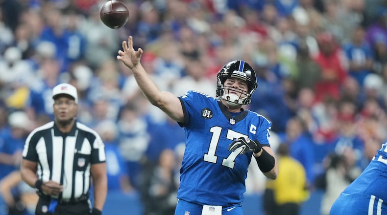 Indianapolis Colts quarterback Philip Rivers (17) passes against the San Francisco 49ers during the first half of an NFL football game, Monday, Dec. 22, 2025, in Indianapolis. (AP Photo/AJ Mast)