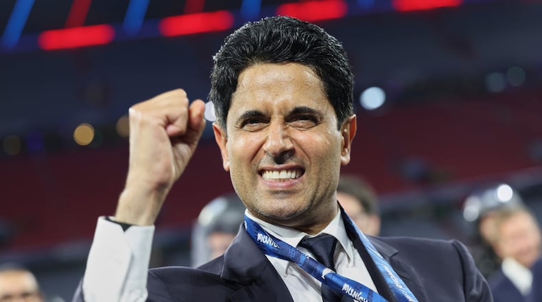 FILE - PSG President Nasser Al-Khelaifi celebrates after the Champions League final soccer match between Paris Saint-Germain and Inter Milan at the Allianz Arena in Munich, Germany, May 31, 2025. (AP Photo/Alexandra Beier, File)