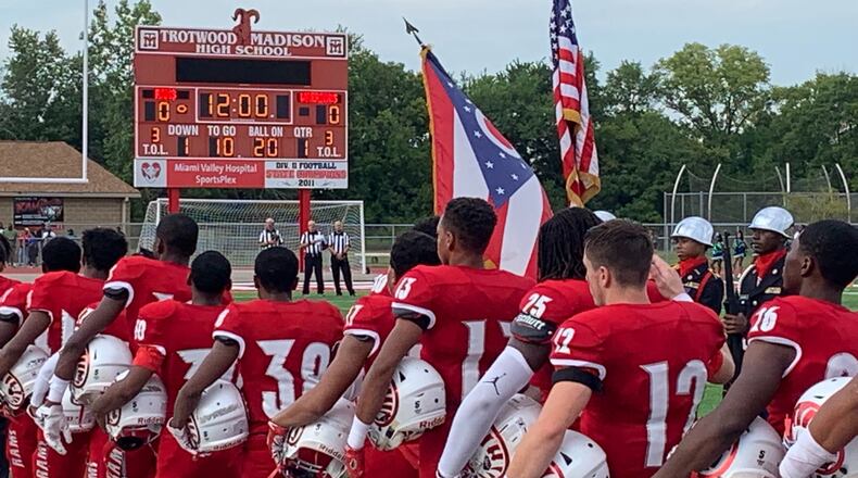 The Trotwood-Madison Rams before Friday night’s season opener vs. visiting Winton Woods. Eric Frantz/CONTRIBUTED