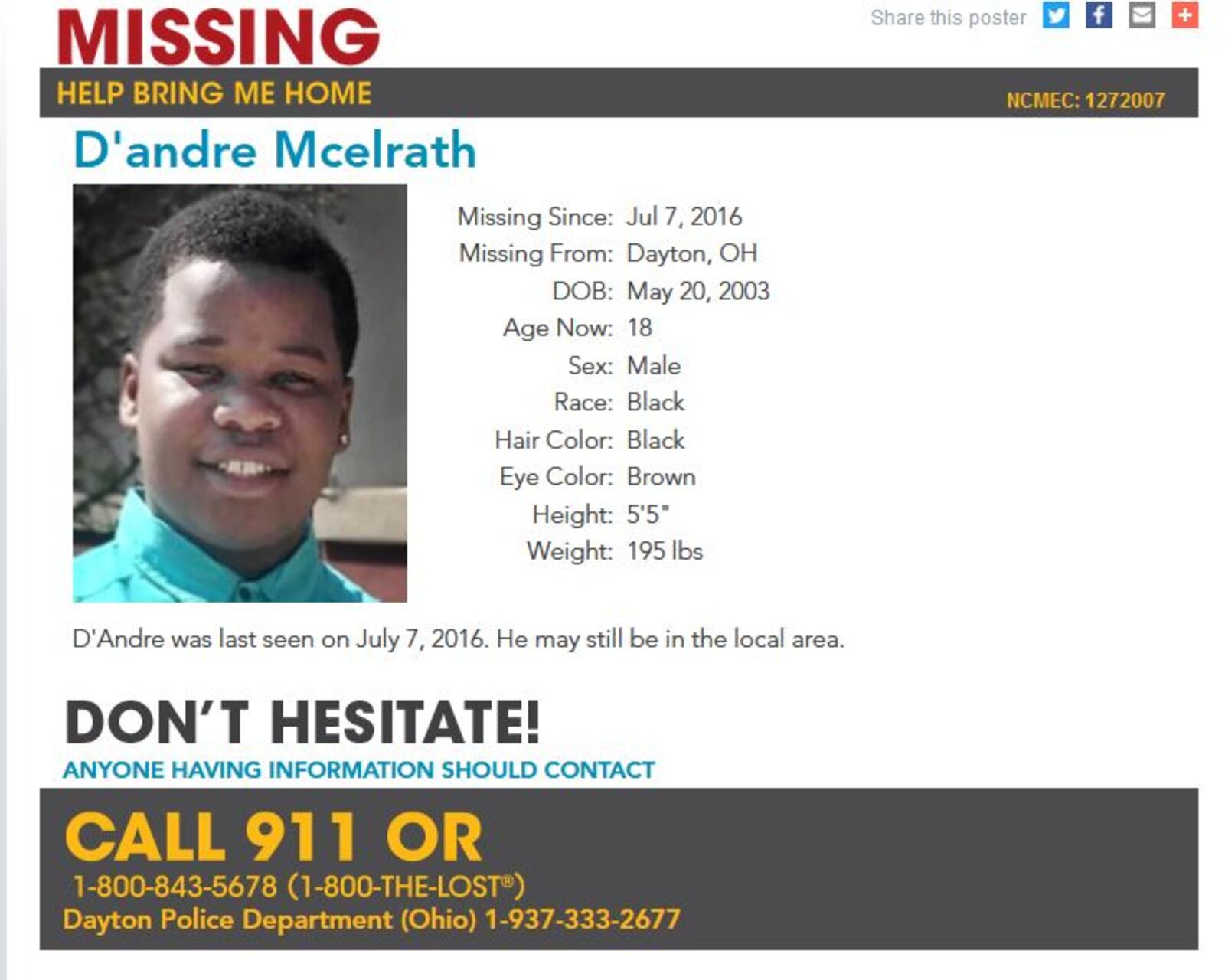 A missing kid poster on the National Center for Missing & Exploited Children website. CONTRIBUTED