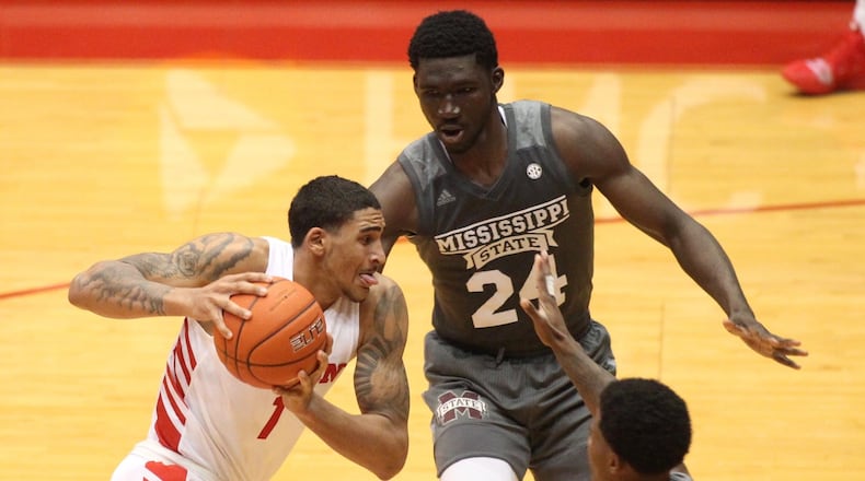 Dayton’s Obi Toppin drives to the basket against Mississippi State on Friday, Nov. 30, 2018, at UD Arena. David Jablonski/Staff