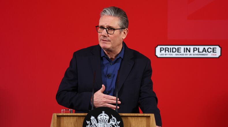 Britain's Prime Minister Keir Starmer delivers a speech at Horntye Park Sports Complex in St Leonards-on-Sea, East Sussex, England, Thursday, Feb. 5, 2026. (Peter Nicholls/Pool Photo via AP)