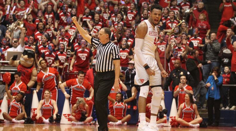 Dayton's Charles Cooke reacts to a play during the final minute of a game against Virginia Commonwealth on March 1, 2017, at UD Arena.