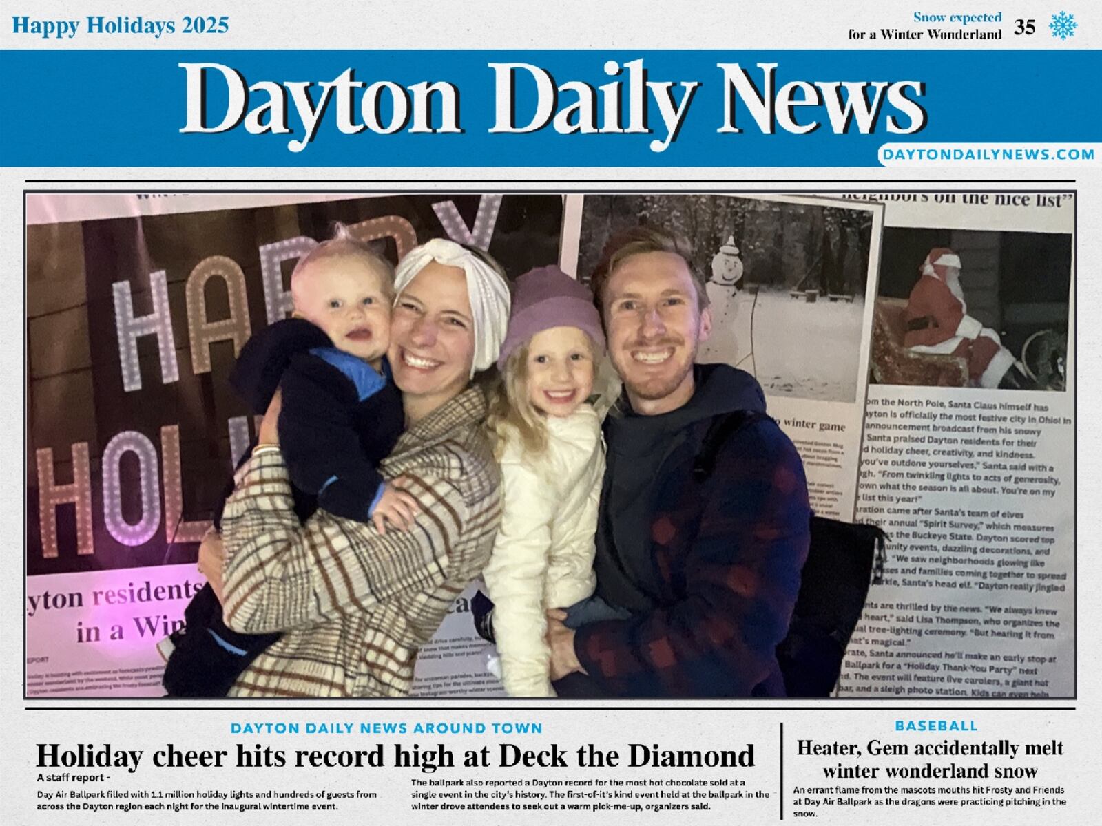 "Front Page News" photos are one of the attractions at the Deck the Diamond event happening now through Jan. 3 at the Dayton Dragons Day Air Ballpark.