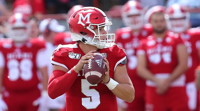 Miami Redhawks quarterback Brett Gabbert during an NCAA football game on Saturday, Sept. 7 , 2019 in Oxford , OH . (AP Photo/Tony Tribble)