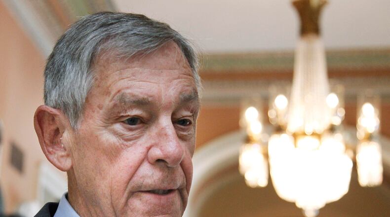 Sen. George Voinovich, R-Ohio, speaks to a reporter on Capitol Hill in Washington Tuesday, Sept. 14, 2010. In a win for President Barack Obama and his political allies, Senate Democrats on Tuesday won a crucial vote to clear the way for a bill to create a $30 billion government fund to help open up lending for credit-starved small businesses. Democrats cracked a GOP filibuster of the bill with the help of two Republicans,Voinovich and Sen. George LeMieux, R-Fla. (AP Photo/Manuel Balce Ceneta)