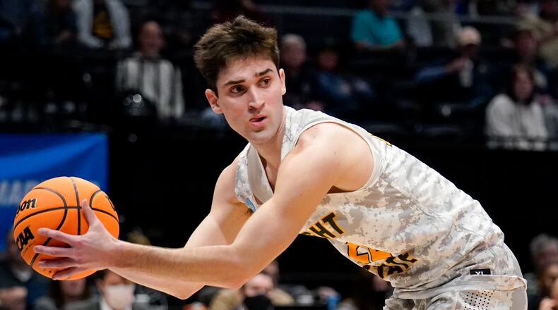 Wright State's Andrew Welage keeps the ball inbounds during the first half of a First Four game in the NCAA men's college basketball tournament against Bryant, Wednesday, March 16, 2022. Welage scored 16 points in the Raiders' win over Defiance on Thursday night. (AP Photo/Jeff Dean)