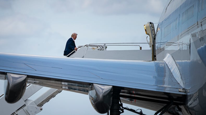 President Donald Trump, boards Air Force One at Palm Beach International Airport, in West Palm Beach, Fla., on Sunday, Feb. 16, 2025. In one short month, Trump has undercut the trust that sits at the center of the 75-year-old NATO pact, that an attack on one member of the alliance would bring a response by all, led by the United States. (Al Drago/The New York Times)